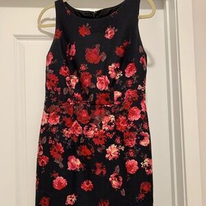 Talbots Black Dress with gorgeous red floral design size 8 Petite